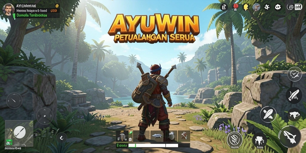 Screenshot utama AYUWIN menampilkan petualangan seru di dunia terbuka.