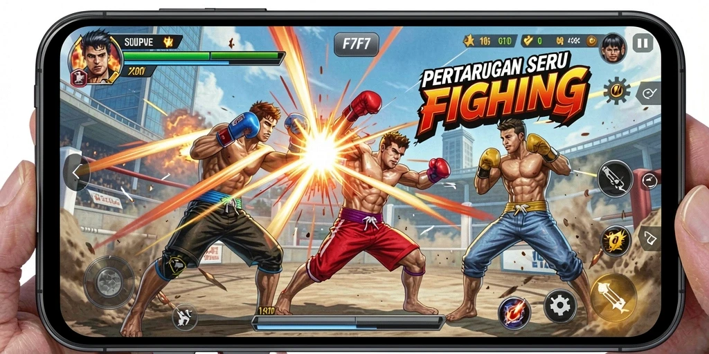 Screenshot F7F7 menampilkan pertarungan intens antara karakter dengan efek visual menakjubkan.