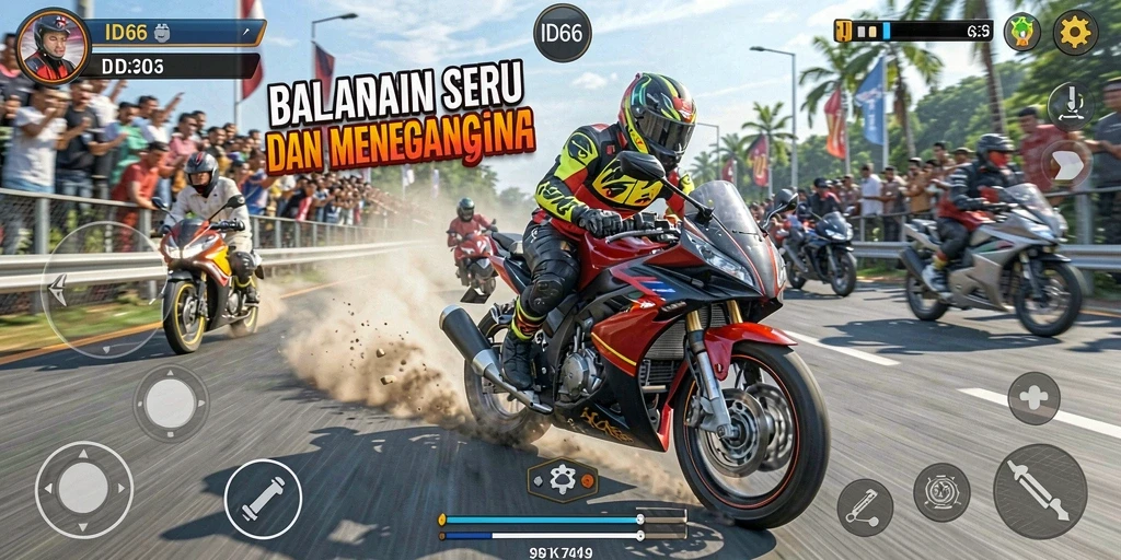 Tampilan seru dari gameplay balapan motor ID66.