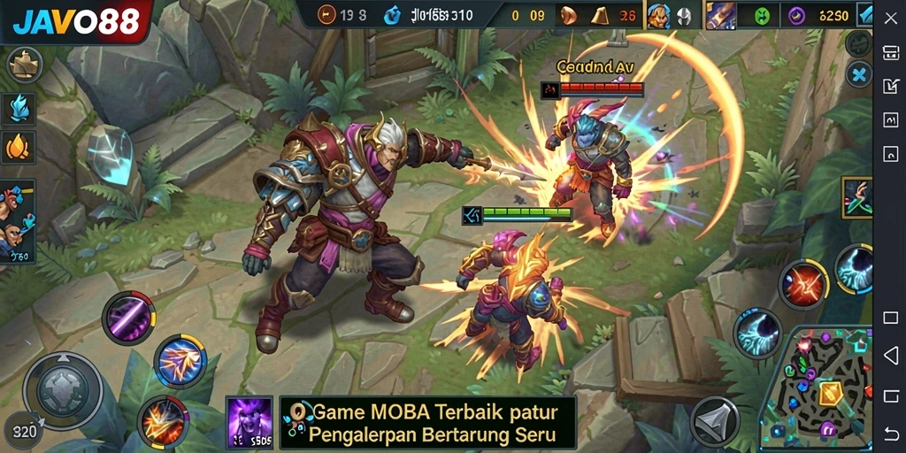 Screenshot utama JAVO88 menampilkan aksi intens dalam pertempuran MOBA.