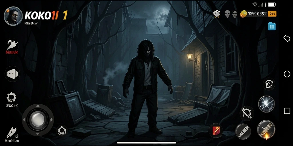 Gameplay KOKO11 yang mencekam dan penuh ketegangan dalam suasana gelap.