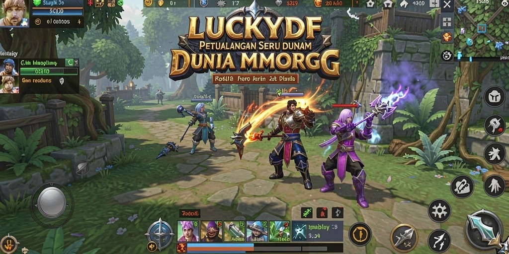 Screenshot gameplay LUCKYDF menampilkan aksi pertempuran mendebarkan di dunia fantasi.