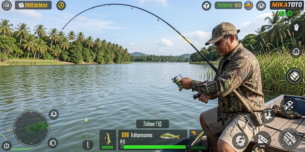 Screenshot gameplay MIKATOTO menunjukkan aksi memancing yang seru.