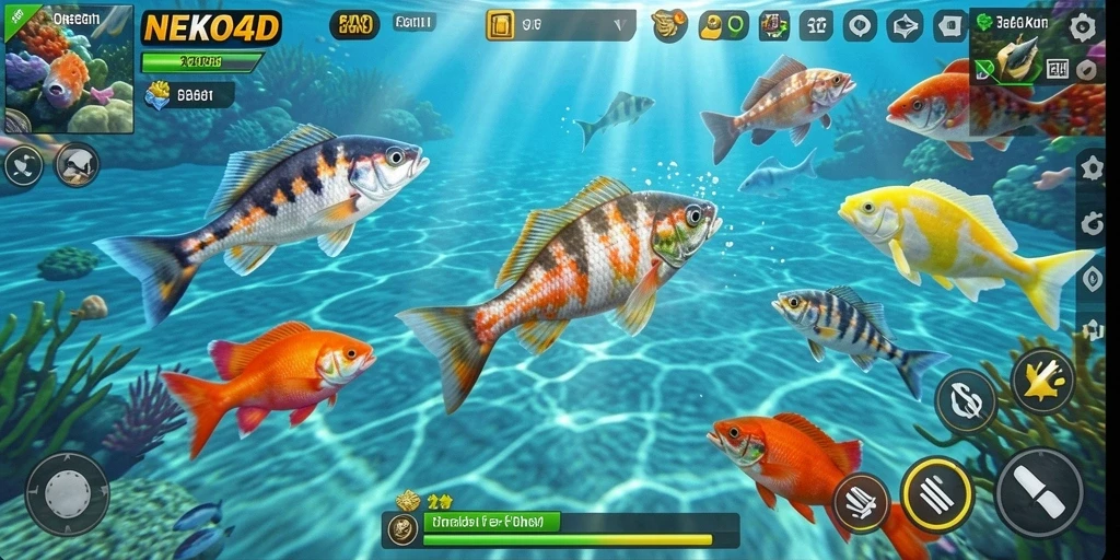 Screenshot gameplay NEKO4D saat menembak ikan di bawah laut.