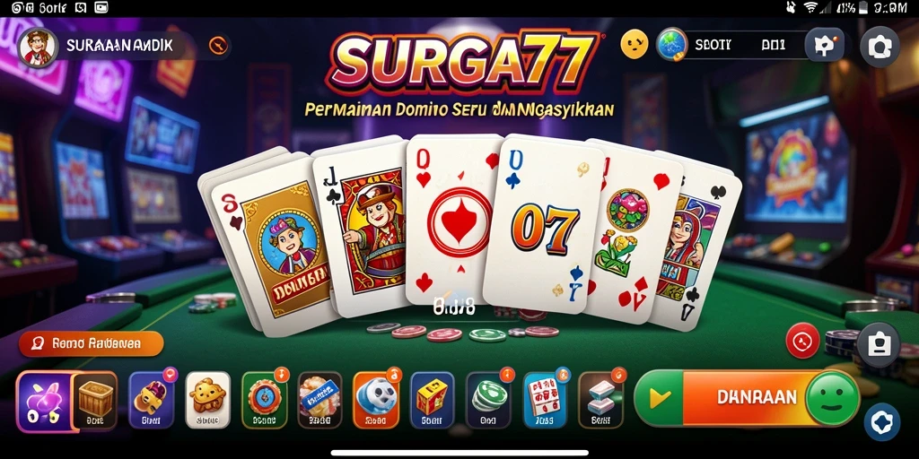 Menampilkan gameplay seru di SURGA77 yang penuh strategi Domino.